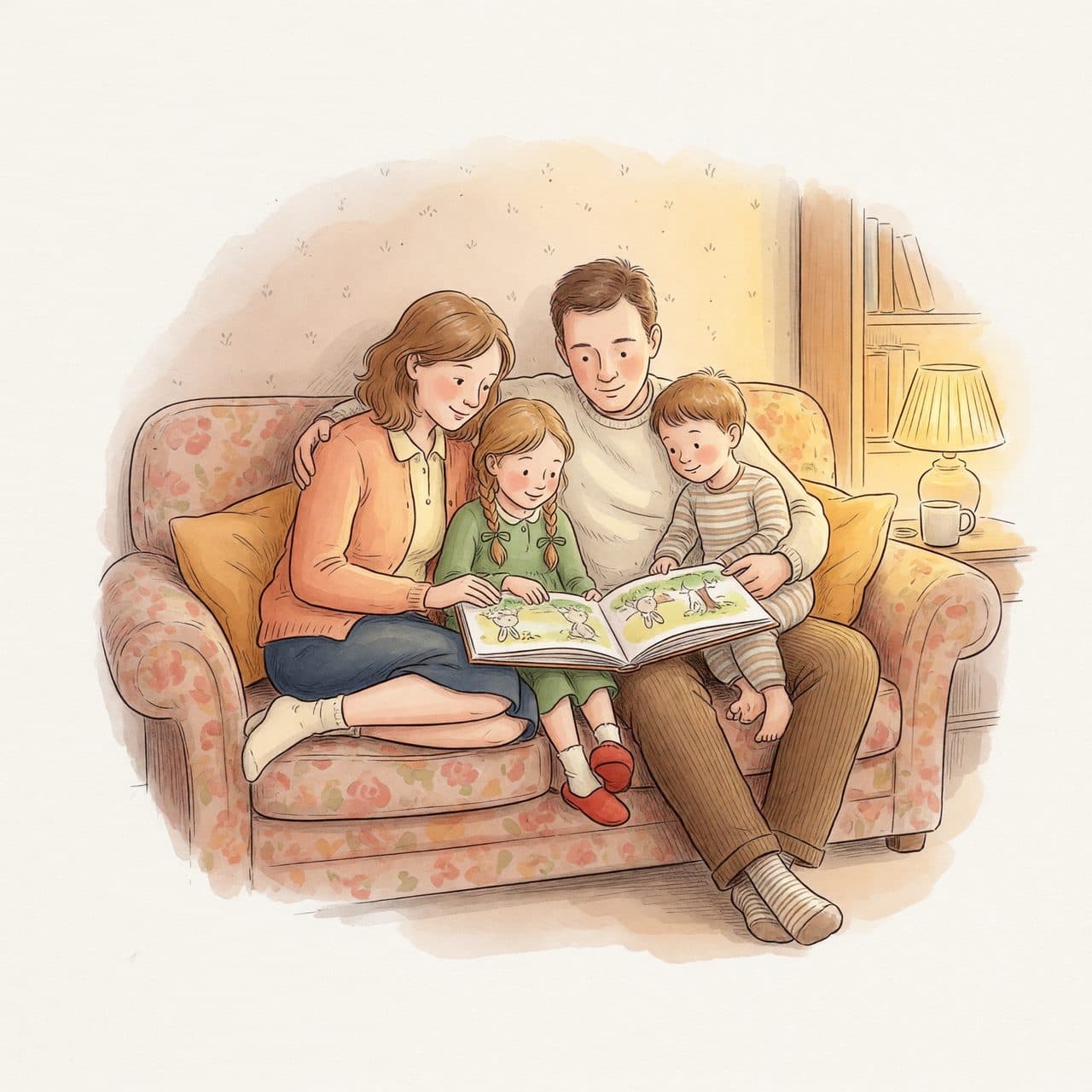 A watercolor illustration of a family reading a storybook together