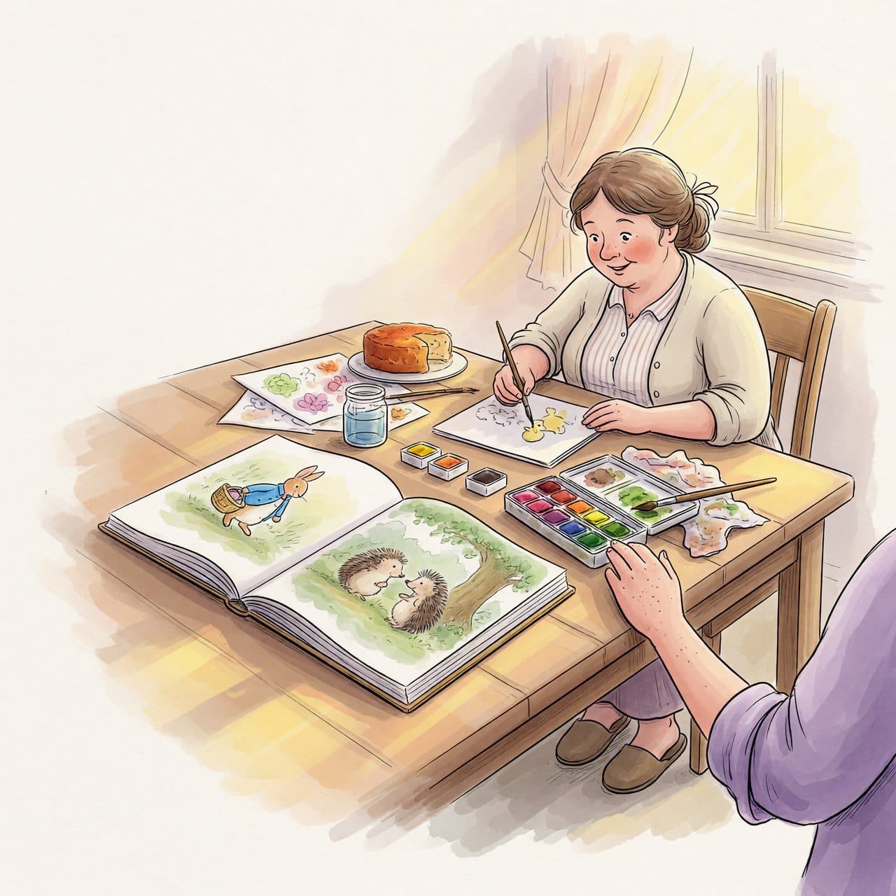 A watercolor illustration of an open storybook being painted by hand on a cozy tabletop