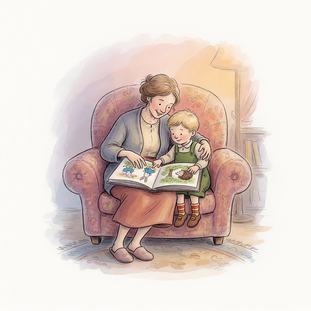 A watercolor illustration of a parent and child reading a storybook together in a cozy armchair