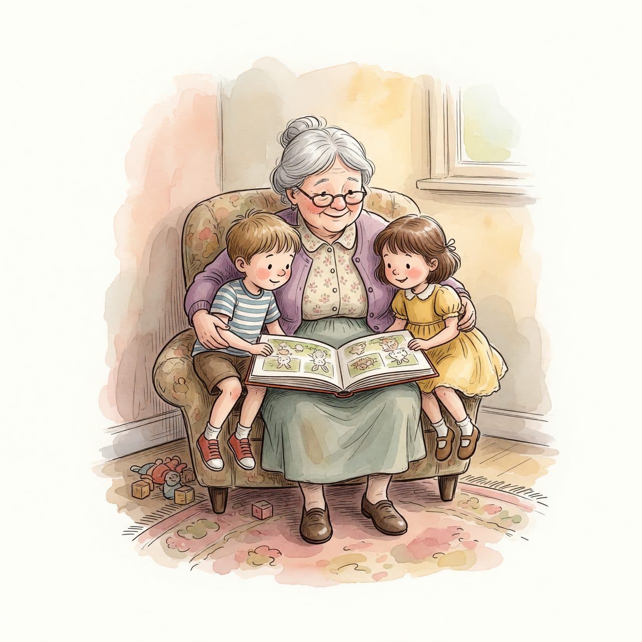 A watercolor scene of a grandmother reading a storybook with two grandchildren.