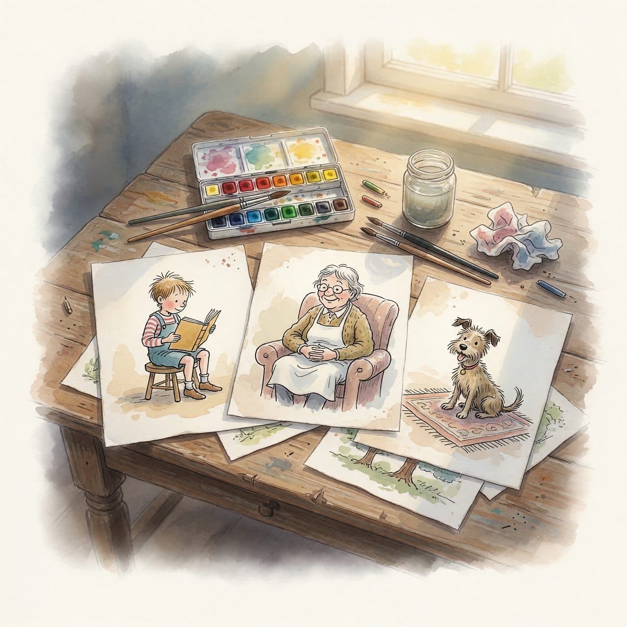A watercolor scene of a studio table with painted sketches of several storybook characters.