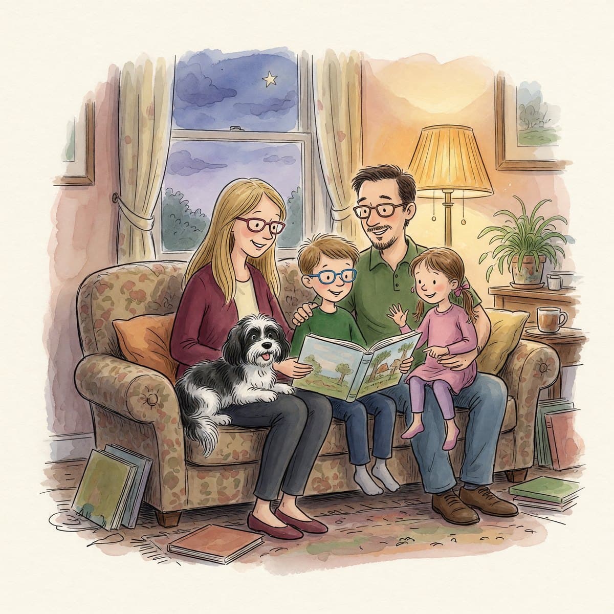 A watercolor of a family reading a storybook together by lamplight, a dog curled up beside them