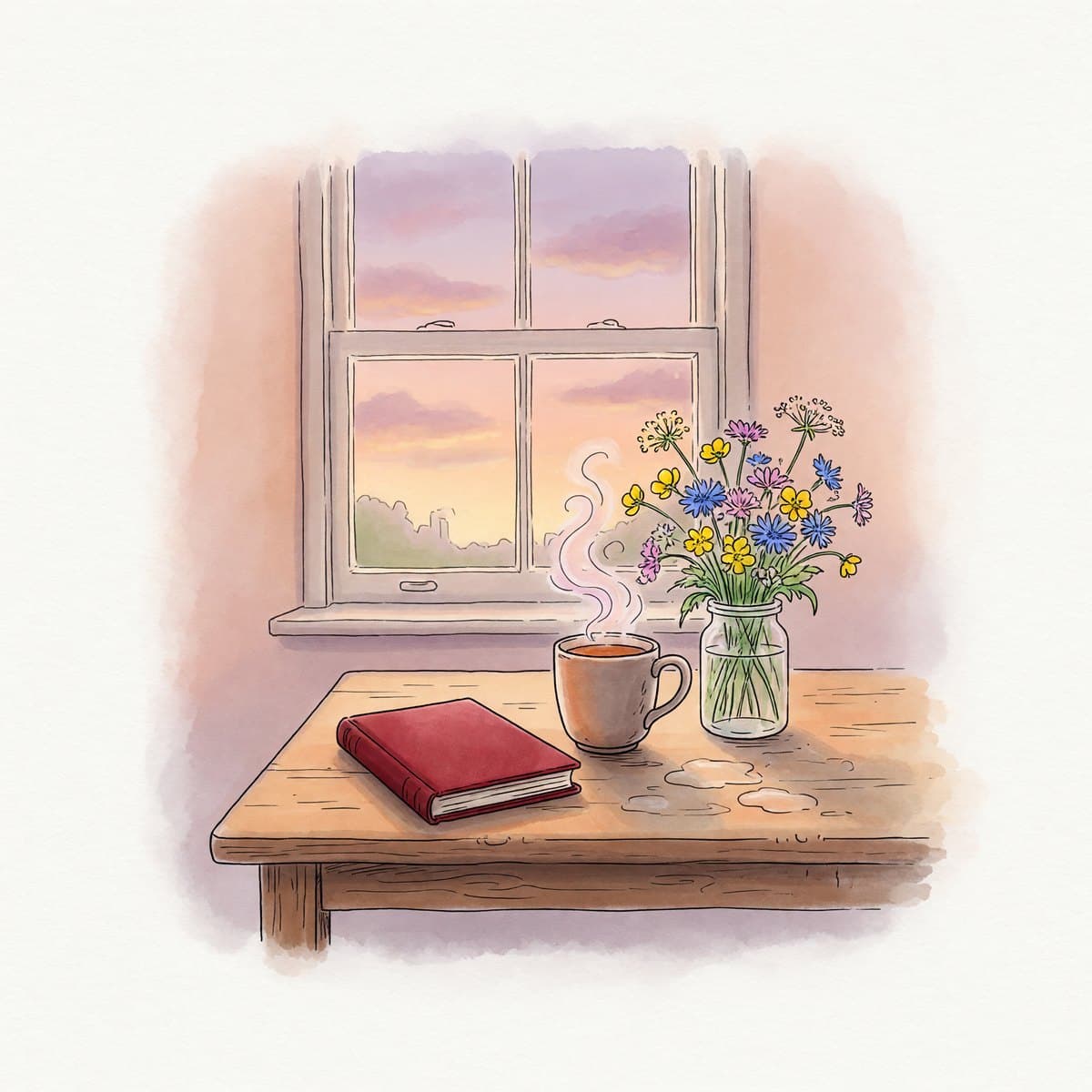 A watercolor of a small finished storybook resting on a kitchen table in soft evening light
