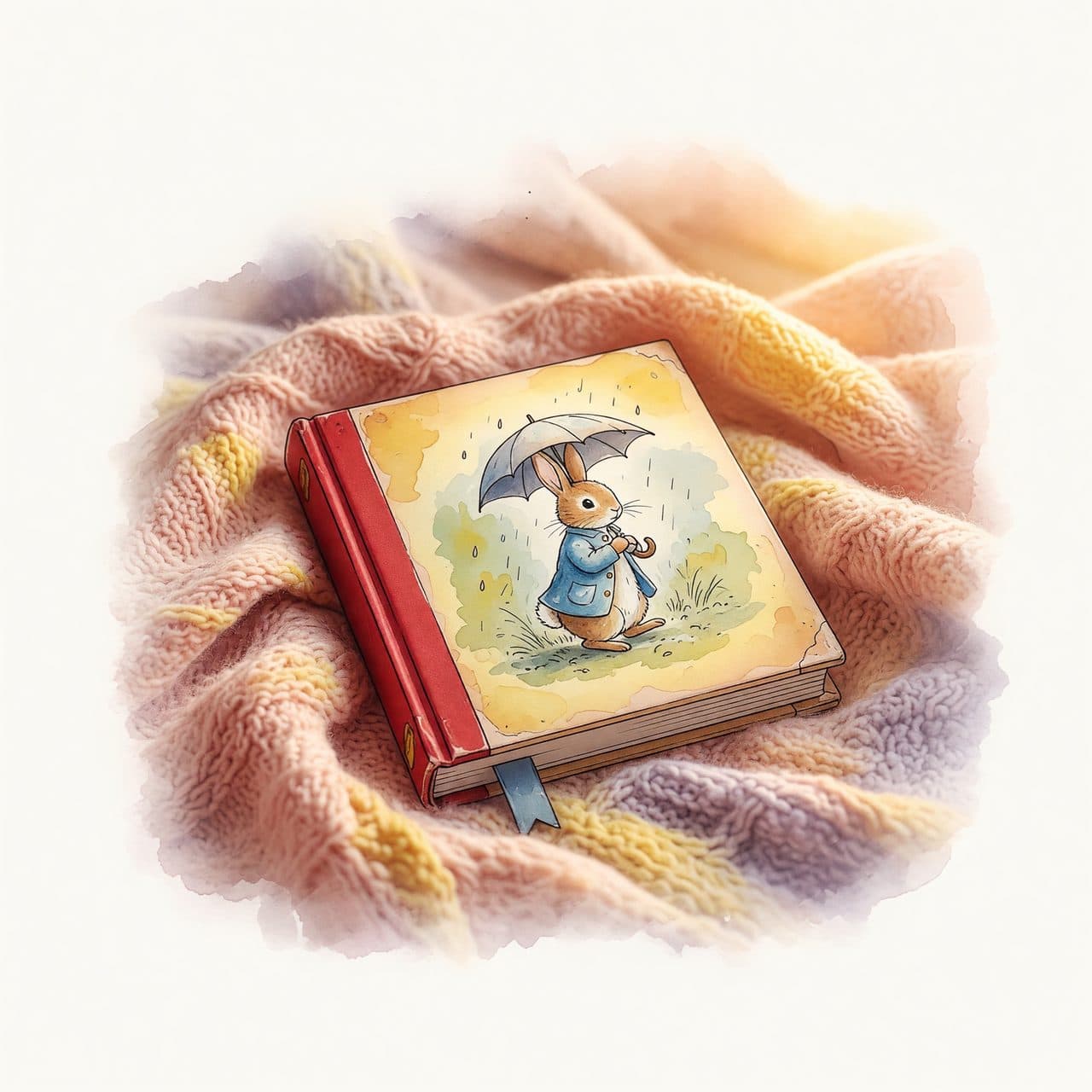 A watercolor illustration of a finished personalized storybook resting on a soft knit blanket
