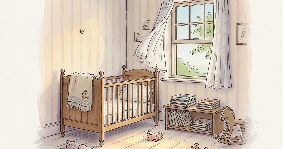 A softly lit nursery with a crib, a folded blanket, and a small shelf of books near an open window.