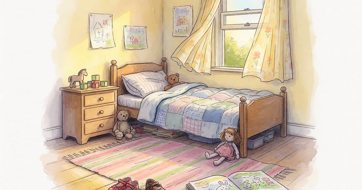 A child's bedroom with two pairs of shoes side by side and an open picture book on the rug.