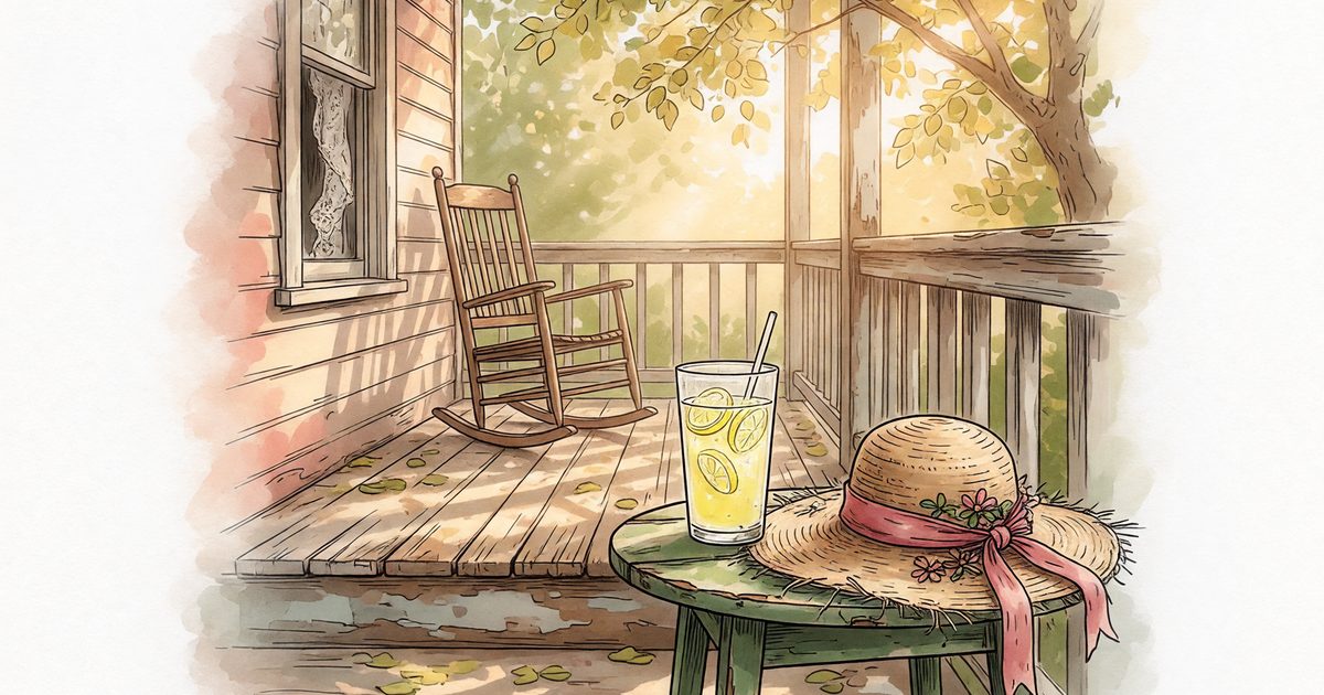 A sunlit porch with a straw hat and lemonade on a small table in soft summer light.