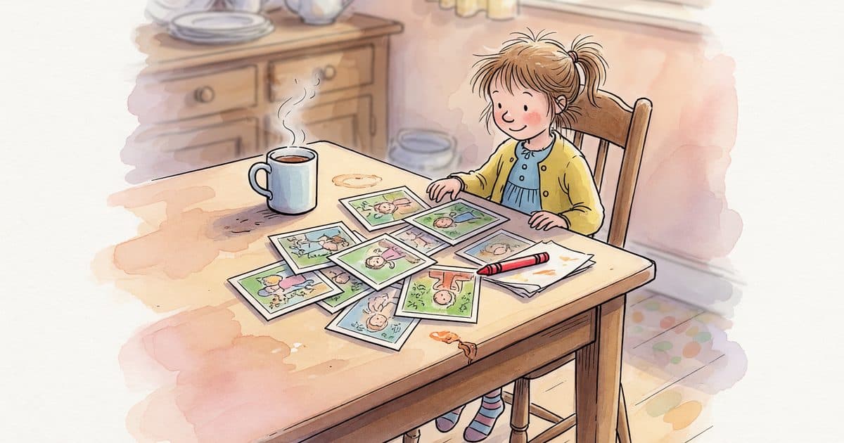 A kitchen table with a mug, scattered photos, and a crayon in warm light.