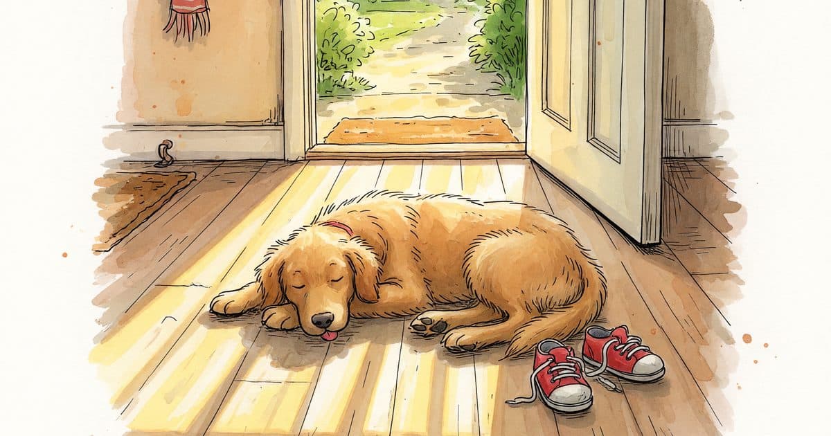 A golden dog napping on a sunlit floor near an open front door.