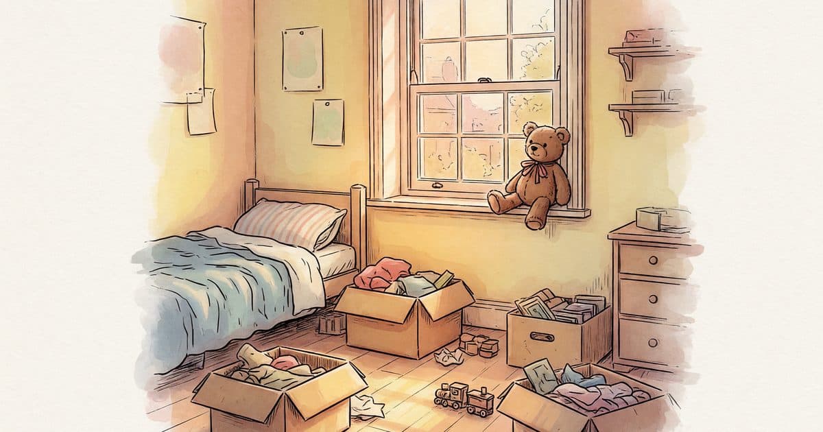 A half packed child's bedroom with boxes and a stuffed animal on the windowsill in afternoon light