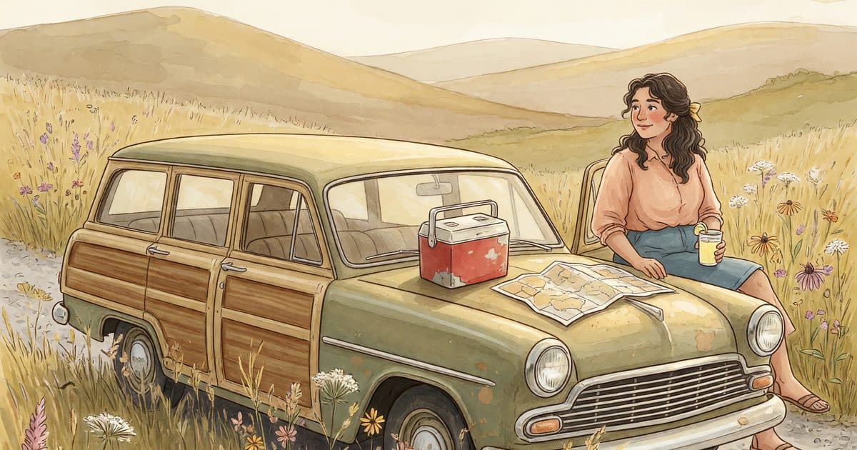 A family car parked at a sunny roadside overlook with wildflowers and a cooler on the hood.