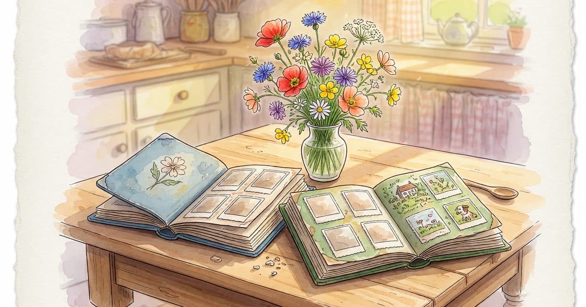 Two open photo albums side by side on a sunny table with wildflowers between them