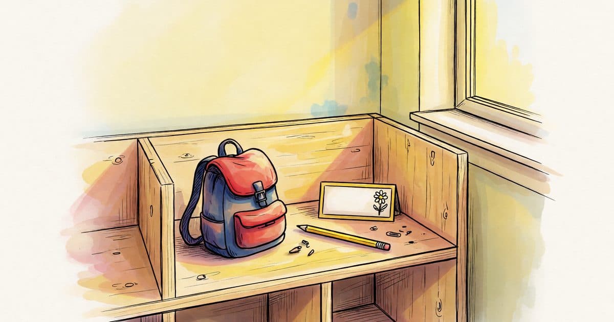 A classroom cubby with a small backpack and a pencil in morning light